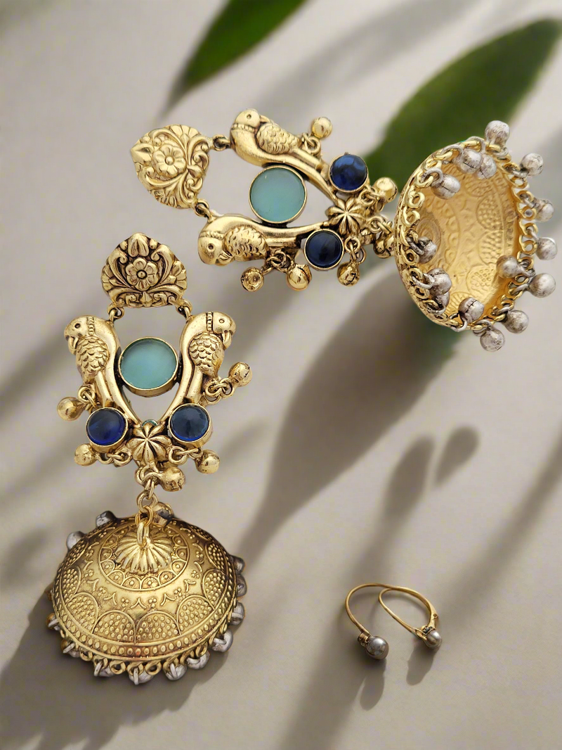 Gold-Toned Parrot Jhumka Earrings.