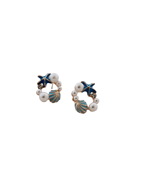 Seashell and Starfish Circle Stud Earrings