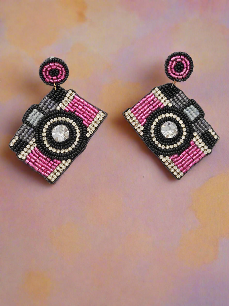 Camera Beaded Dangle Earrings