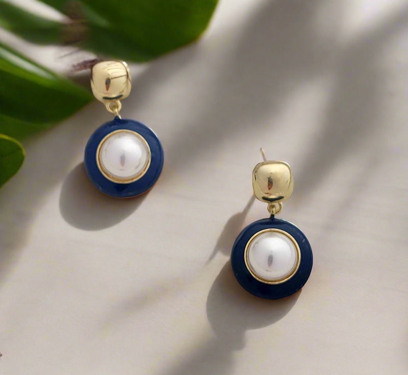 Enameled pearl drop earrings