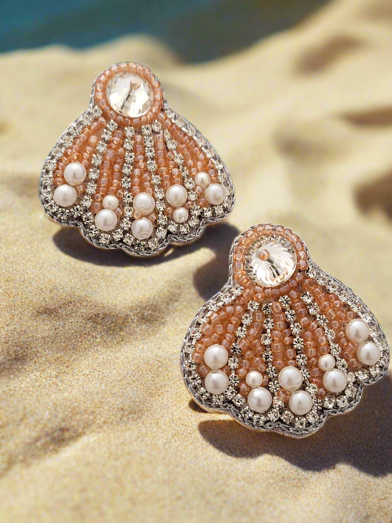 Seashell Beaded Stud Earrings with Pearls and Crystal Accents