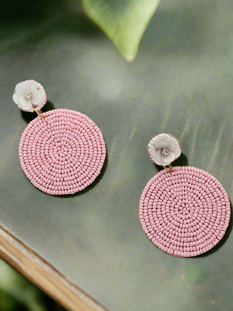 Beaded Circle Earrings with White Flower Accents