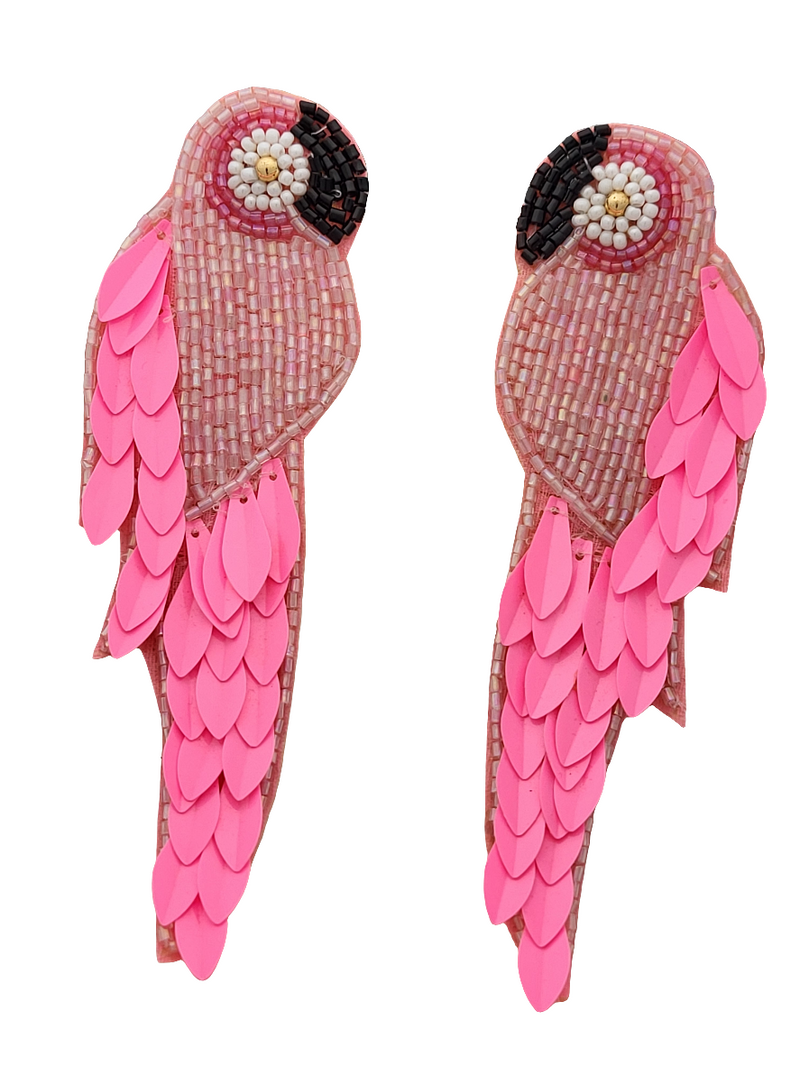 Neon Pink Parrot Beaded and Sequined Earrings