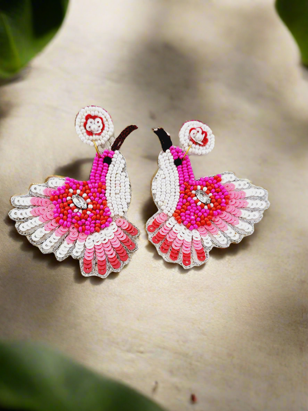 Pink & White Hummingbird Beaded Drop Earrings