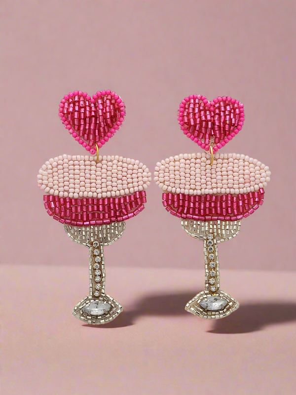 Martini Glass with Heart Beaded Earrings