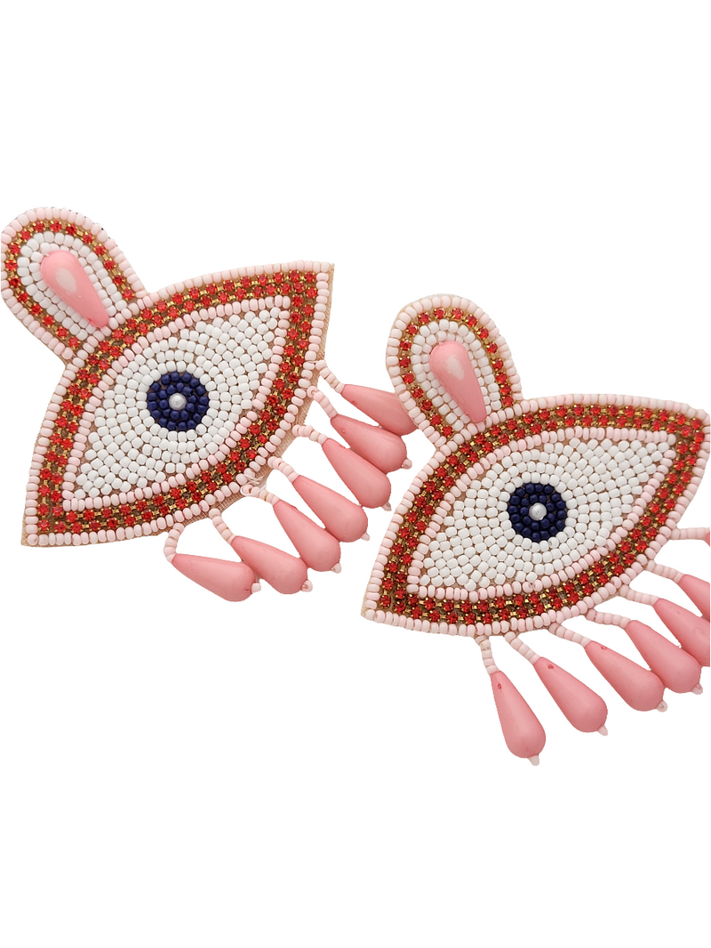 Pastel Pink Evil Eye Beaded Dangle Earrings