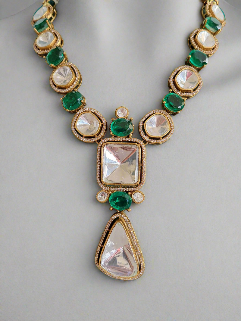 GOLD PLATED ROYAL MOISSANITE & GREEN STONE NECKLACE SET