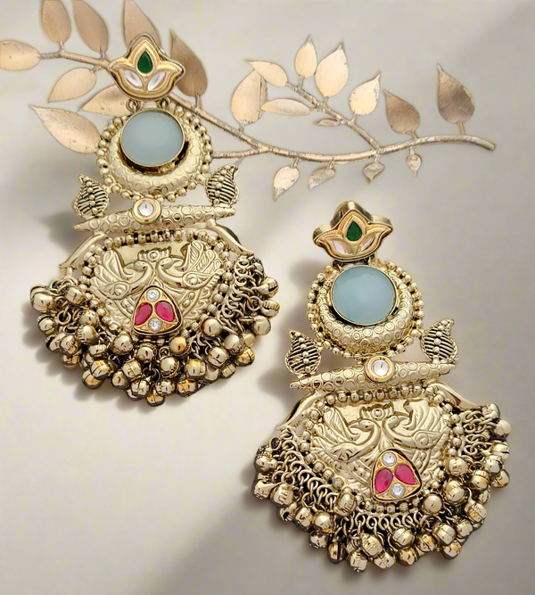 Antique Gold-Toned Peacock Dangle Earrings