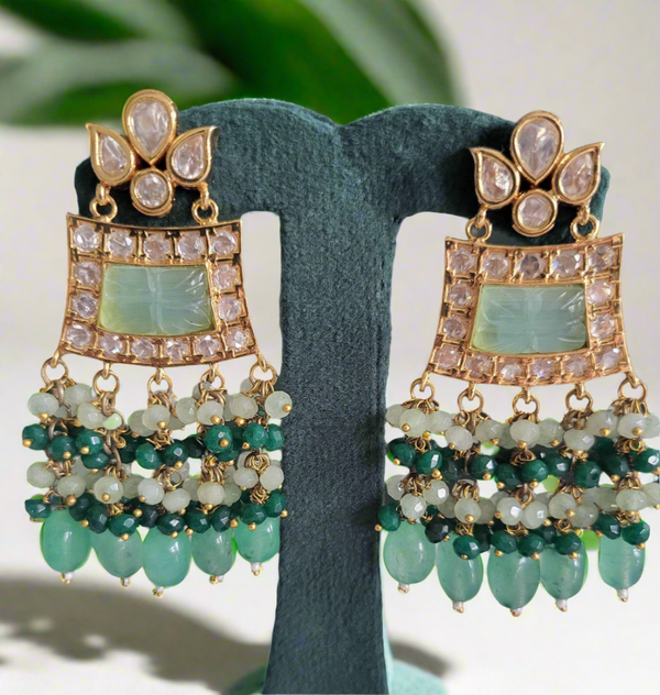 ANTIQUE GOLD PLATED WITH GREEN CRYSTALS & BEADS DANGLER EARRINGS