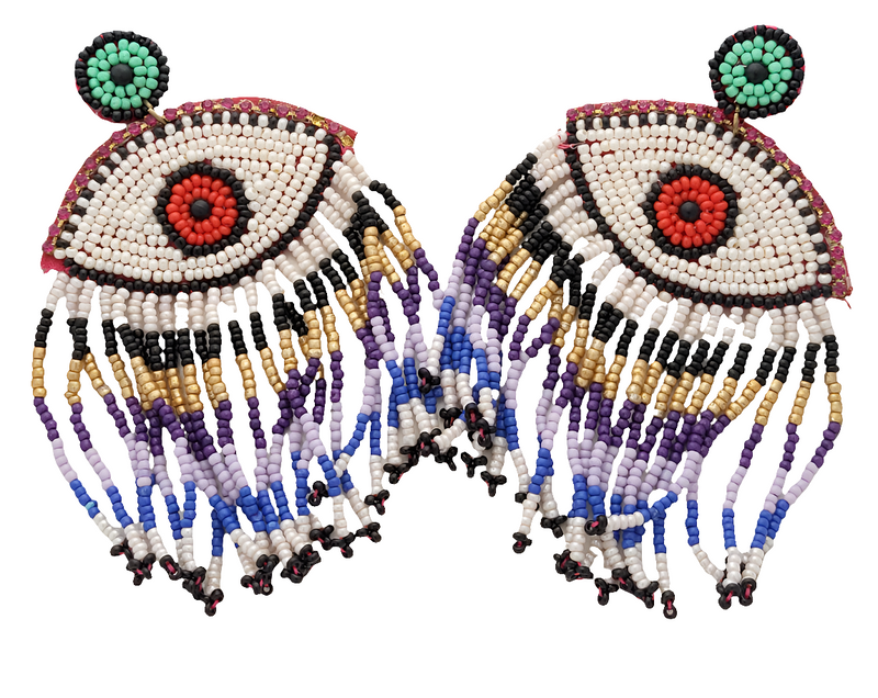 Evil Eye Beaded Dangle Earrings with Fringe