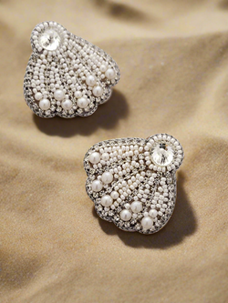 Seashell Beaded Stud Earrings with Pearls and Crystal Accents