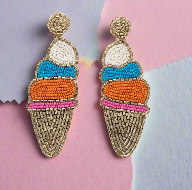 Ice Cream Cone Beaded Dangle Earrings