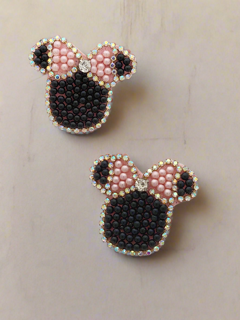 Minnie Mouse Inspired Beaded Earrings with Crystal Bow