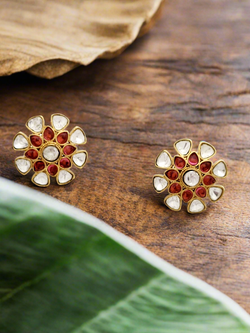 Polki and Ruby Accent Floral Stud Earrings