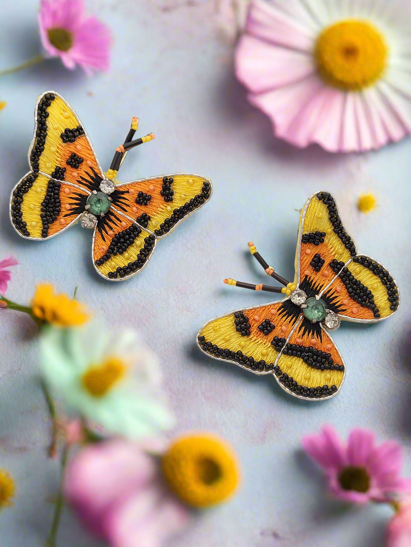 Monarch Butterfly Beaded Earrings with Crystal Accents