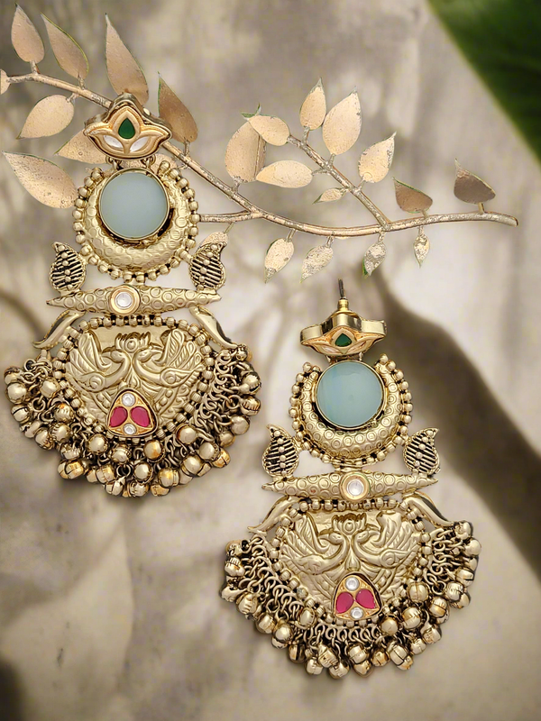 Antique Gold-Toned Peacock Dangle Earrings