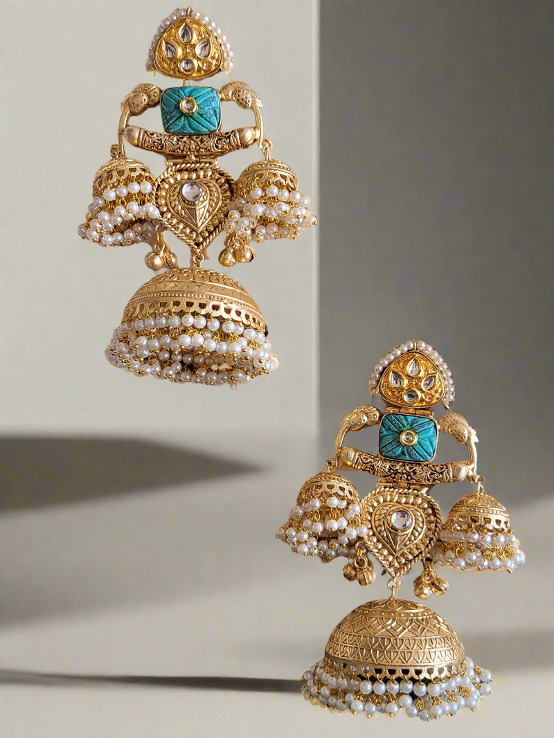 Gold-Toned Big Dome Jhumka Earrings with Turquoise Accents and Pearl Drops.