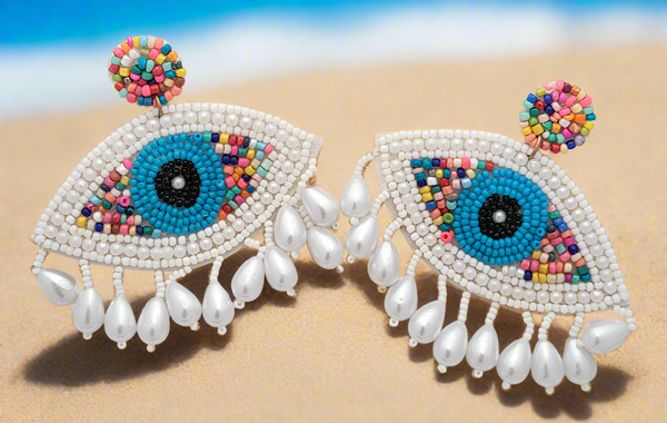 Evil Eye Beaded Dangle Earrings with Pearl Drops