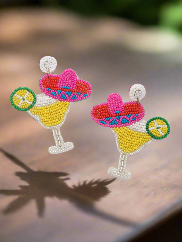 Margarita Glass with Sombrero Beaded Earrings