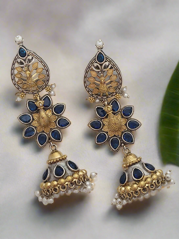 Oxidized Peacock motif long earrings