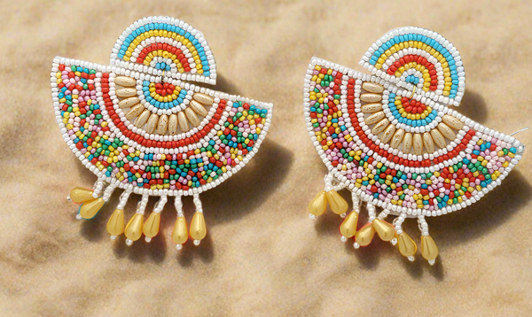 Colorful Handmade Beaded Fan Earrings with Yellow Drop Beads