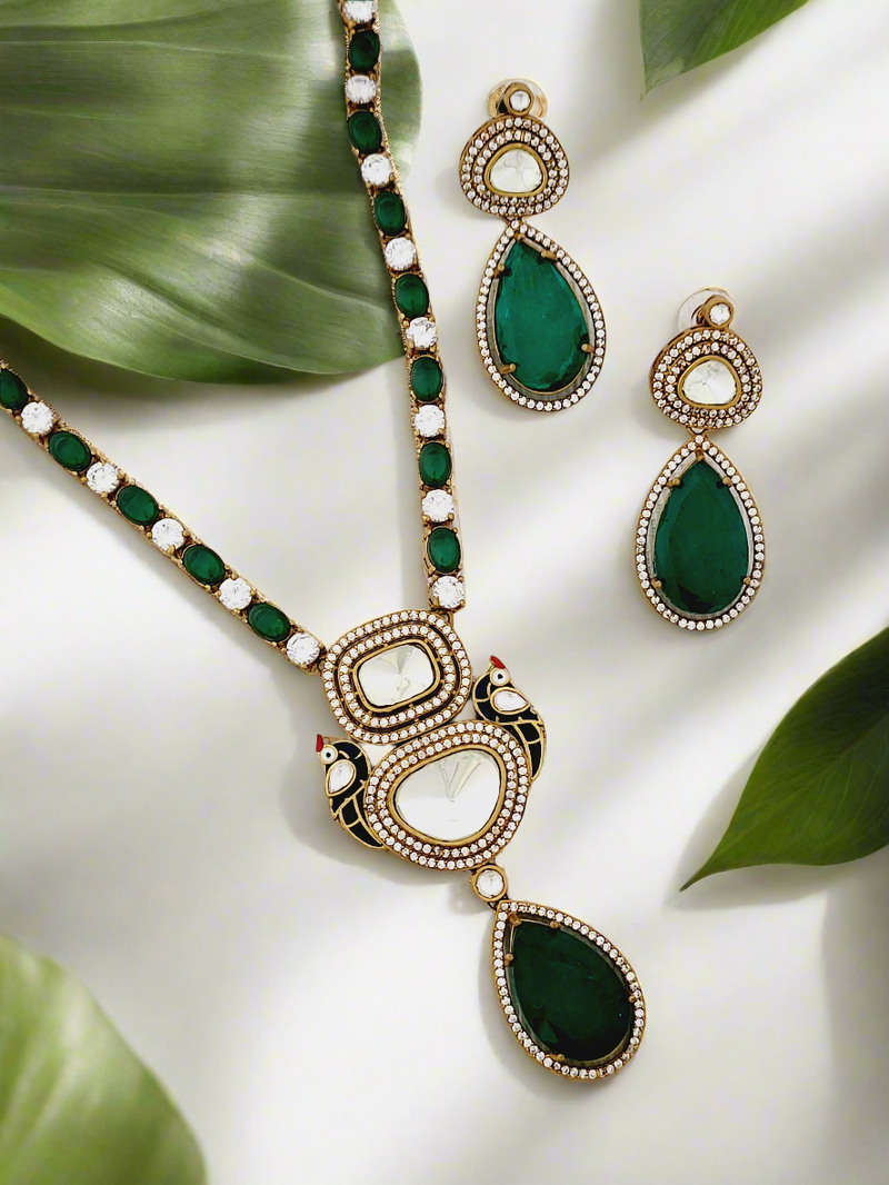 Regal Polki and Emerald Necklace Set - Statement Elegance