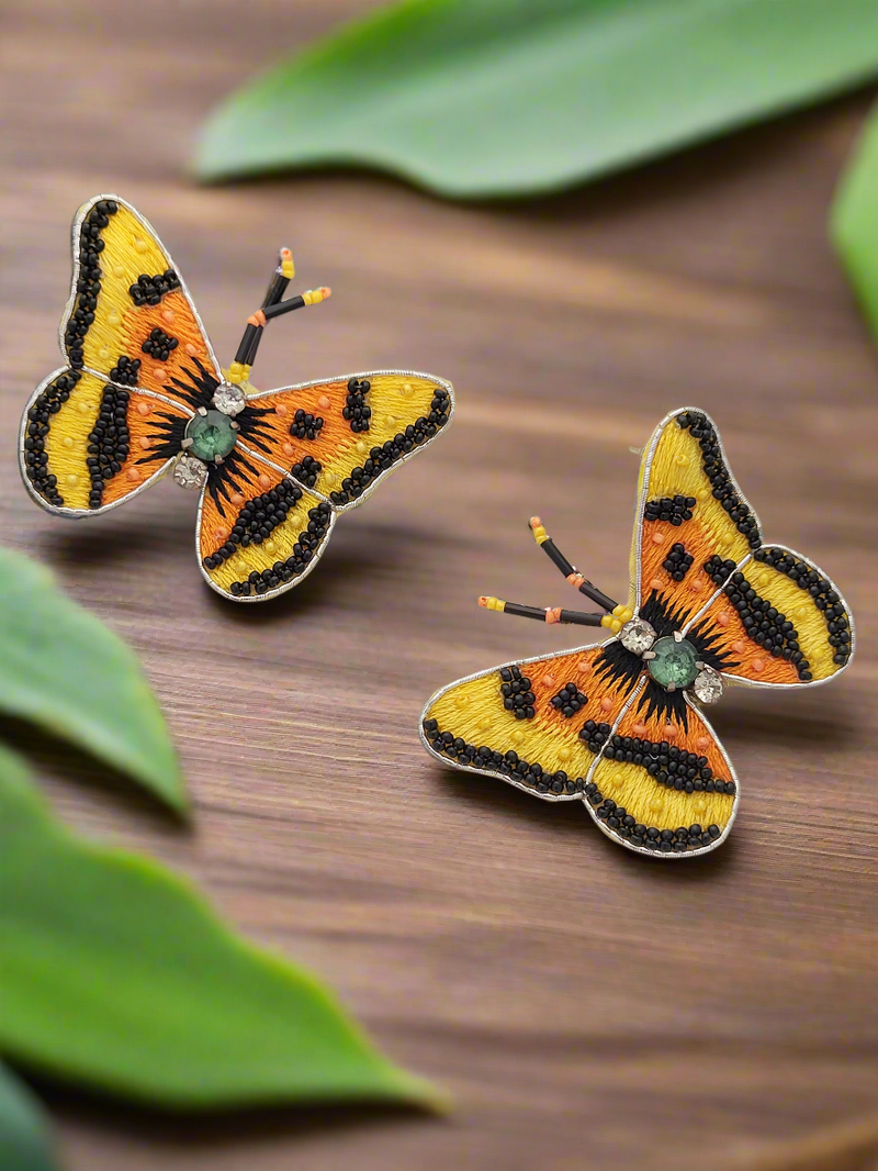 Monarch Butterfly Beaded Earrings with Crystal Accents