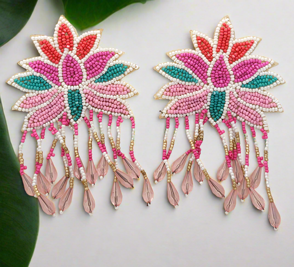 Lotus Flower Beaded Dangle Earrings with Pink Drop Beads