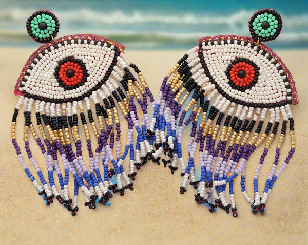 Evil Eye Beaded Dangle Earrings with Fringe