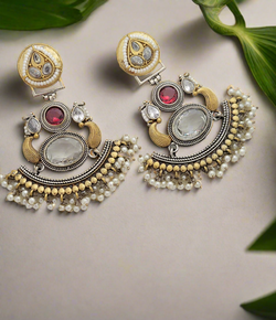 Two tone earrings with stone and pearl