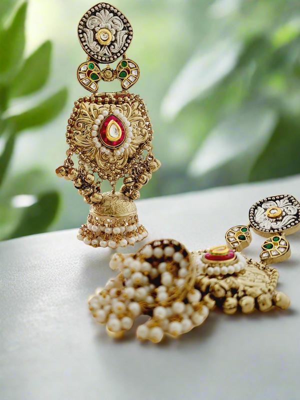 Antique Gold Plated Jhumka Earrings with Enamel and Pearl Drops