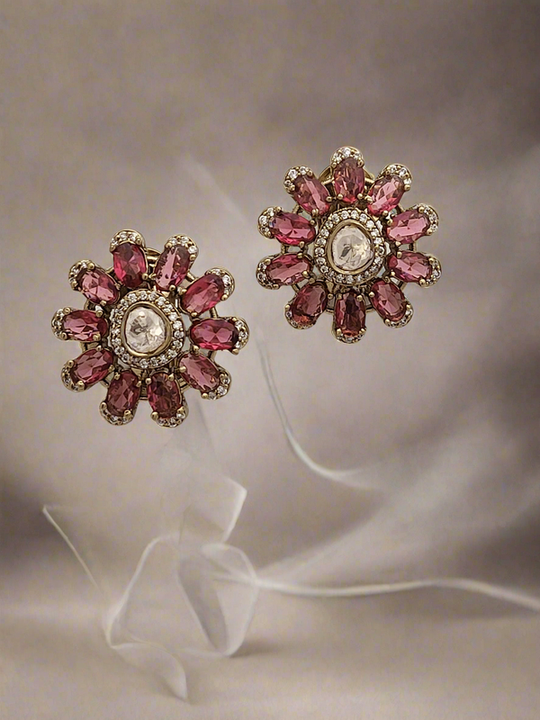 Pink tourmaline studs with Mossonite in antique finish