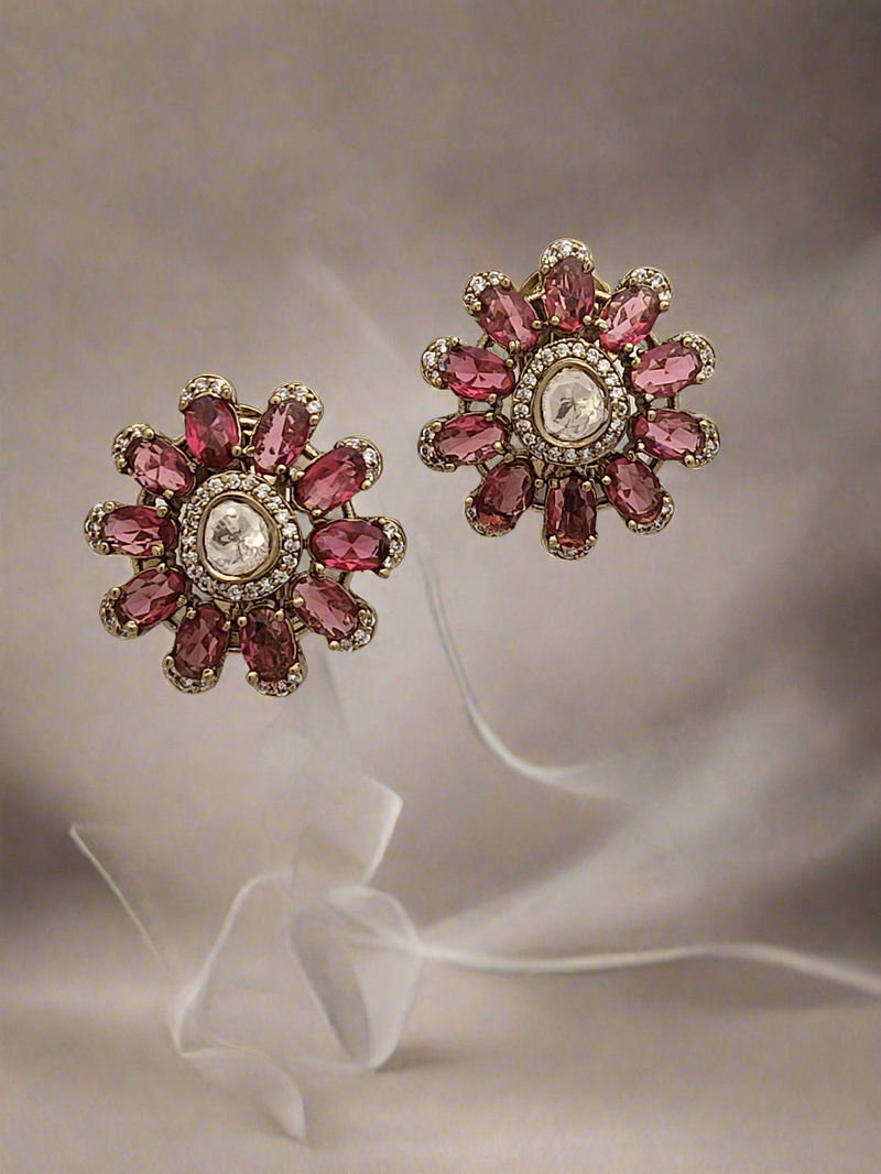 Pink tourmaline studs with Mossonite in antique finish