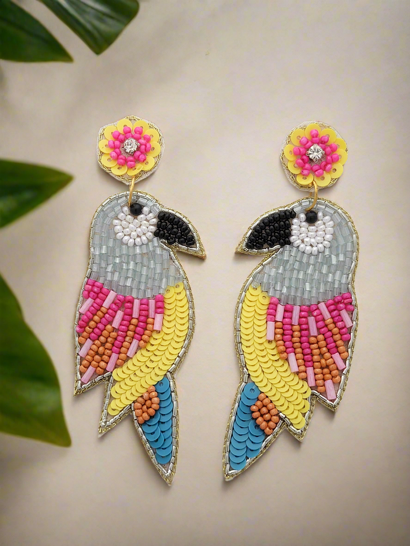 Parrot Beaded and Sequined Dangle Earrings with Floral Topper