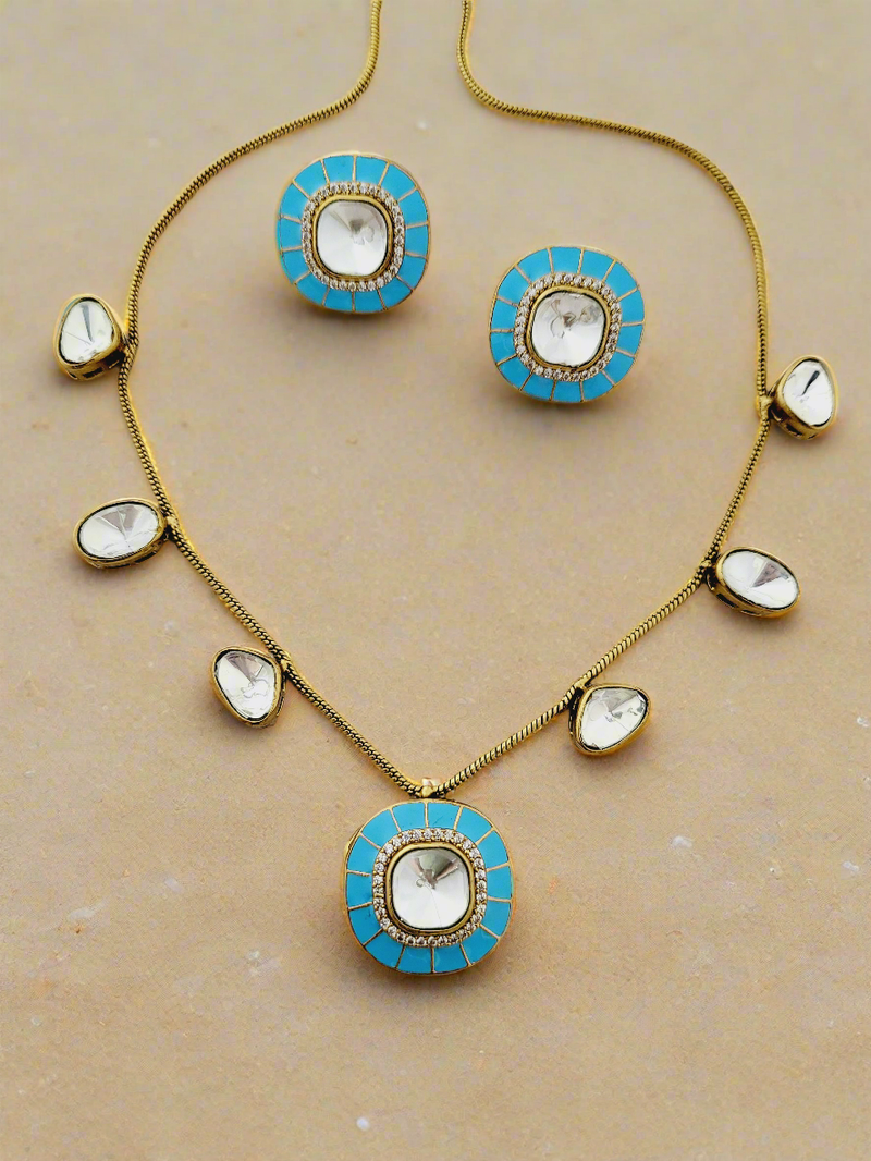 Turquoise Enamel and Polki Necklace Set