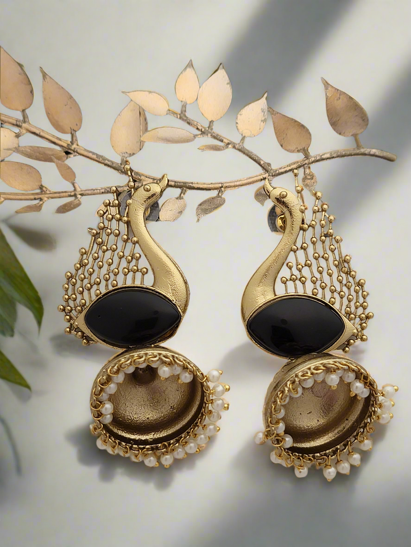 Peacock Motif Jhumkas in gold finish