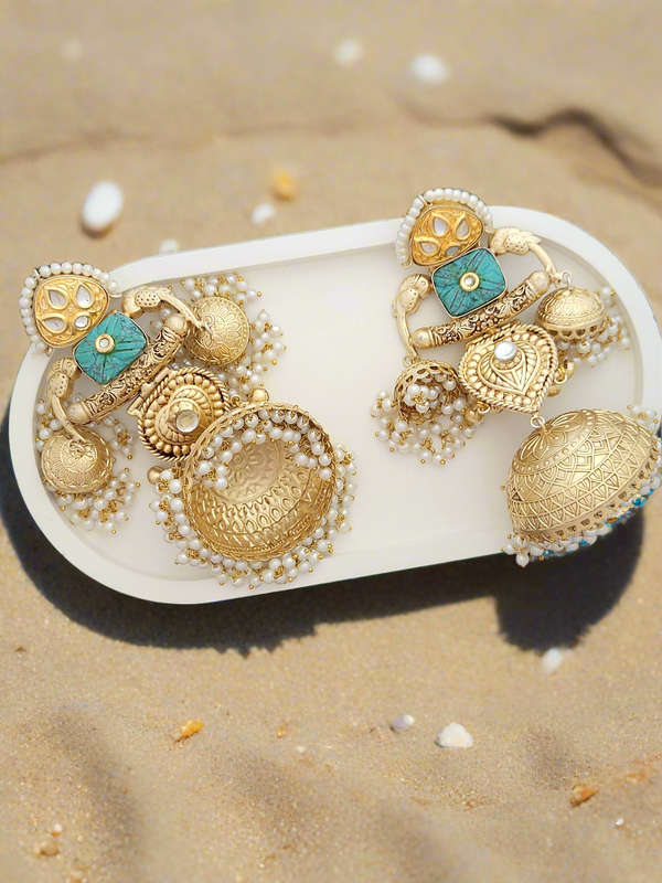 Gold-Toned Big Dome Jhumka Earrings with Turquoise Accents and Pearl Drops.