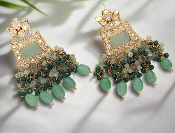 ANTIQUE GOLD PLATED WITH GREEN CRYSTALS & BEADS DANGLER EARRINGS