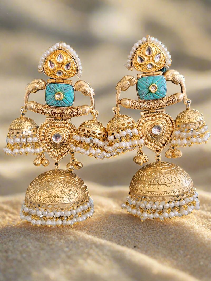 Gold-Toned Big Dome Jhumka Earrings with Turquoise Accents and Pearl Drops.