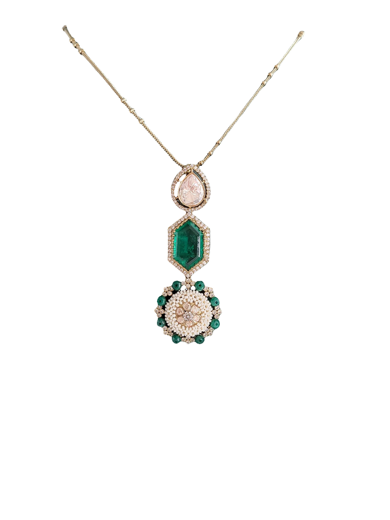 ELEGANT LARIET WITH PEARLS , MOISSANITE & GREEN CRYSTAL