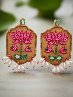 Lotus Motif Embroidery Earrings with Pearl Drops