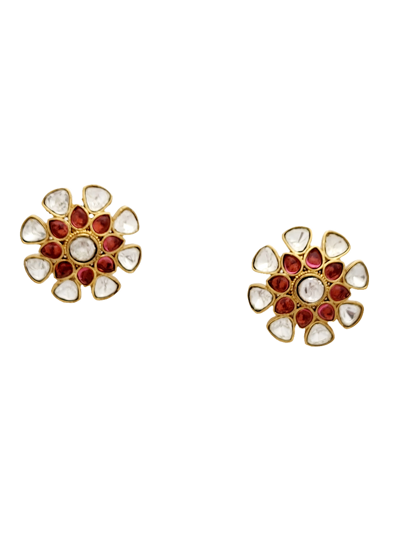 Polki and Ruby Accent Floral Stud Earrings