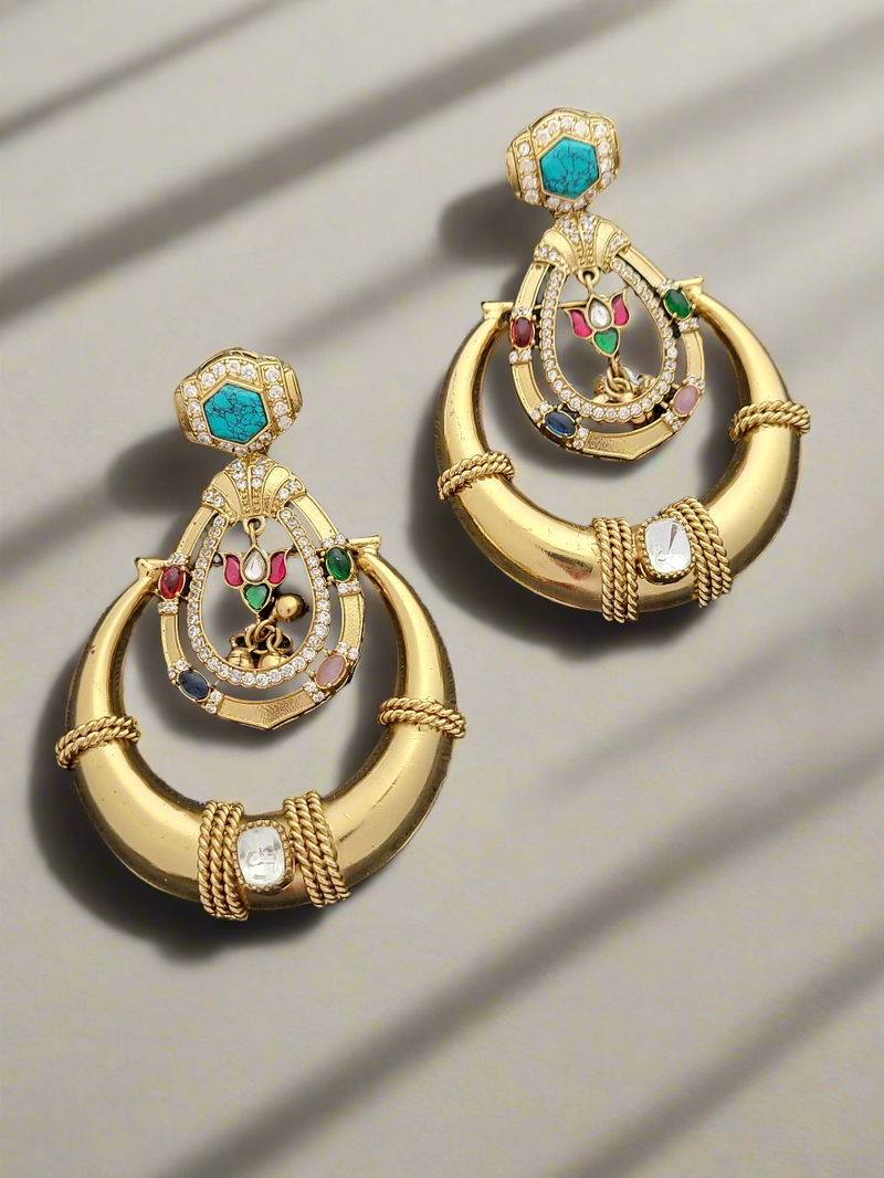 Gold-Toned Hoop Earrings with Turquoise and Multicolored Stone Accents