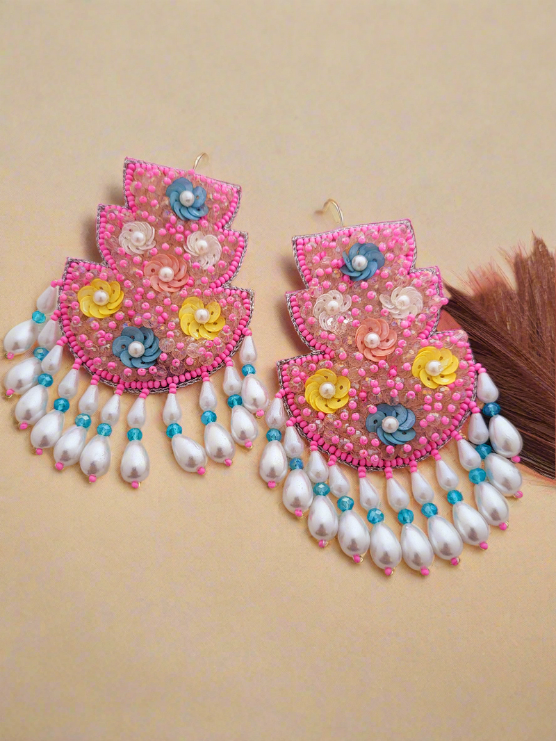 Beaded Chandbali Earrings with Floral Accents and Pearl Drops