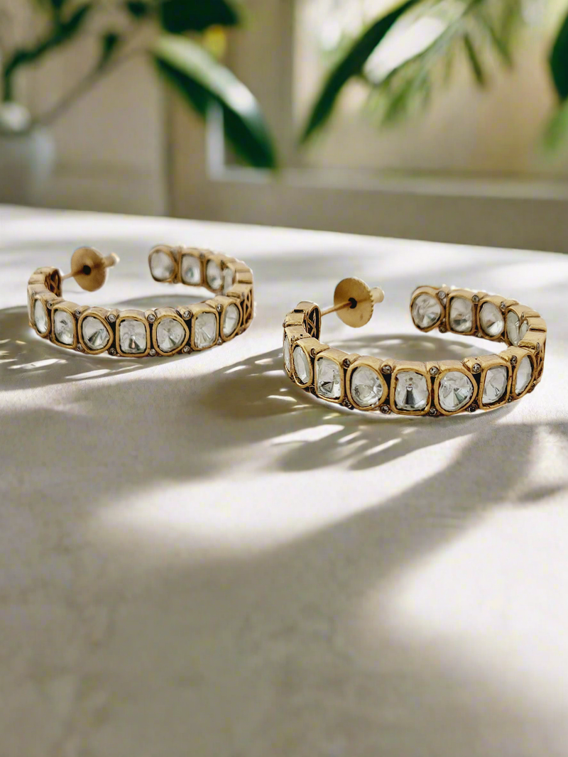 Gold and White Stone Hoop Earrings