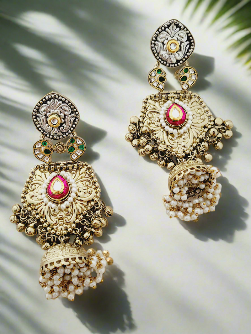 Antique Gold Plated Jhumka Earrings with Enamel and Pearl Drops