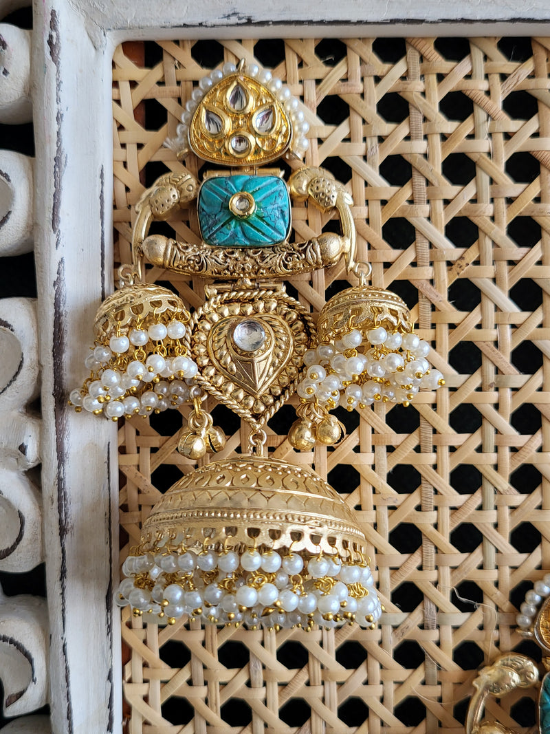 Gold-Toned Big Dome Jhumka Earrings with Turquoise Accents and Pearl Drops.