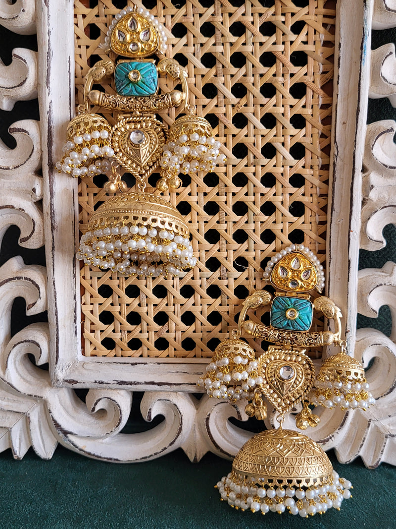 Gold-Toned Big Dome Jhumka Earrings with Turquoise Accents and Pearl Drops.